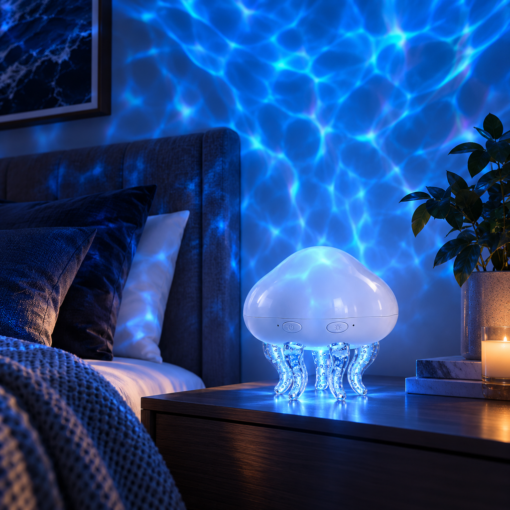 Modern RGB LED Night Light White Shade Romantic Jellyfish Projection Lamp BT Speaker Water Ripple Effect Plug-In Atmosphere