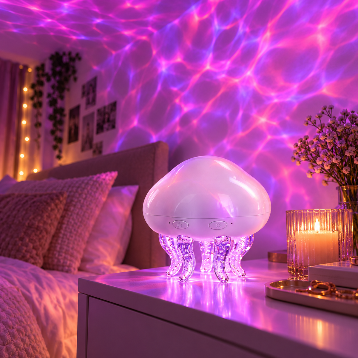 Modern RGB LED Night Light White Shade Romantic Jellyfish Projection Lamp BT Speaker Water Ripple Effect Plug-In Atmosphere