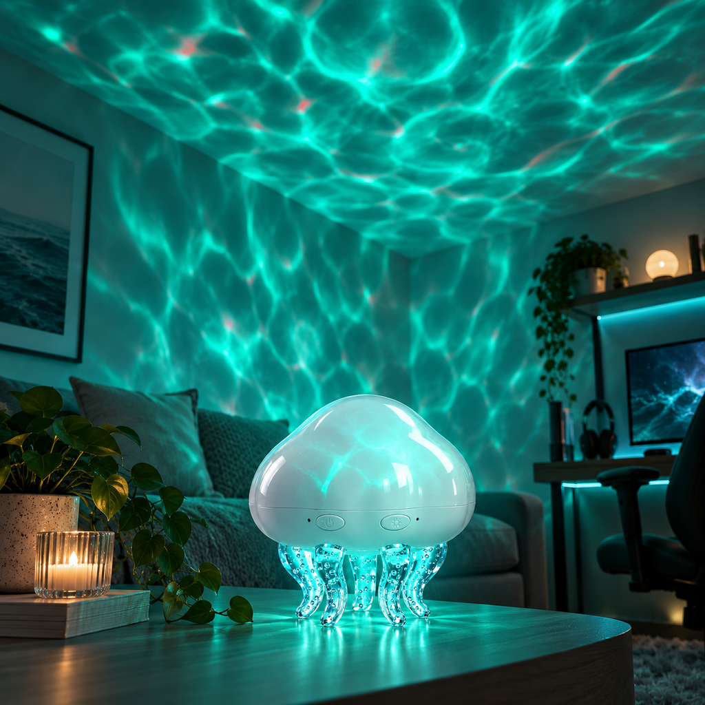 Modern RGB LED Night Light White Shade Romantic Jellyfish Projection Lamp BT Speaker Water Ripple Effect Plug-In Atmosphere