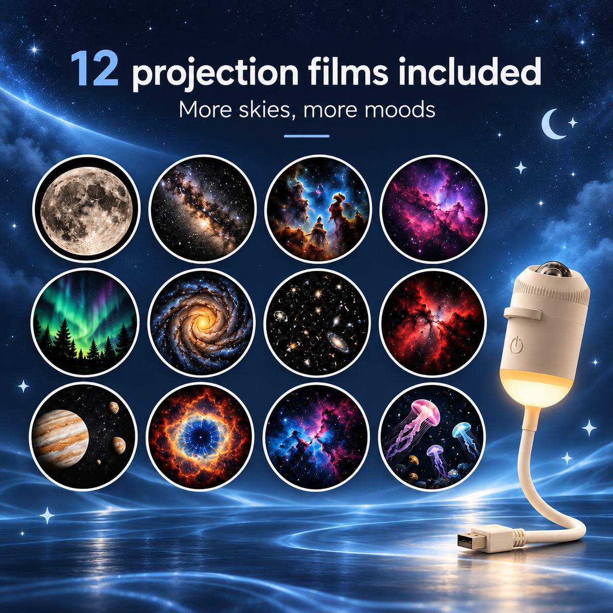 Galaxy Projector Night Light | Moon & Starry Sky, Up to 24 Scene Discs